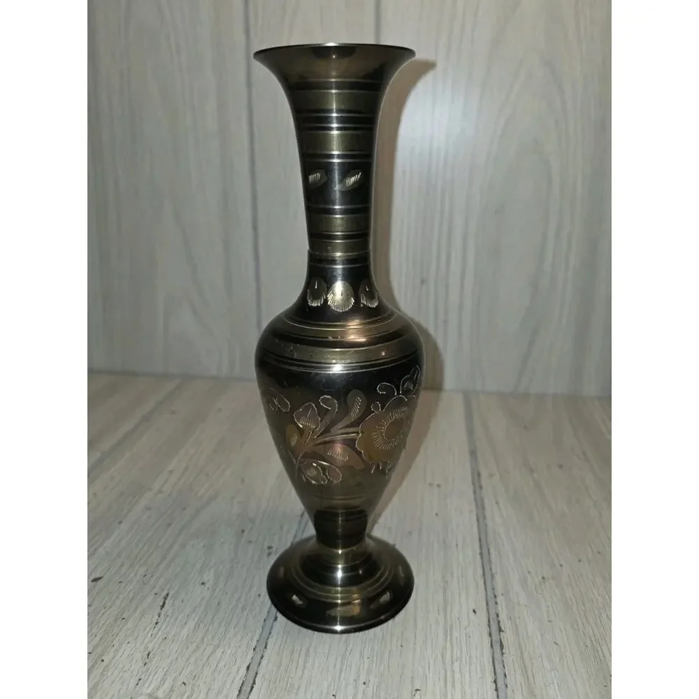 Antique Vtg Brass Hand Etched Engraved Vase Floral India Hollywood Regency 10